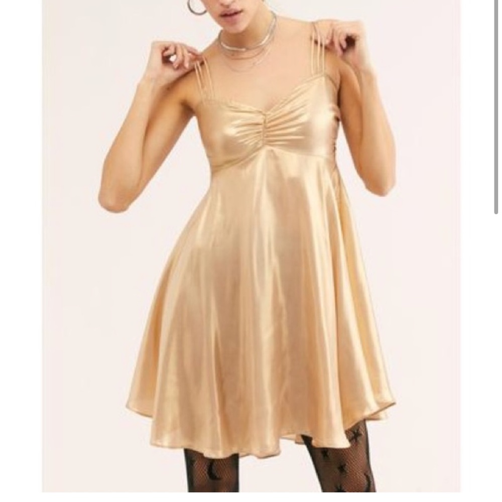 Free People Intimate Just Dance Babydoll Dress Size Small in Metallic Gold